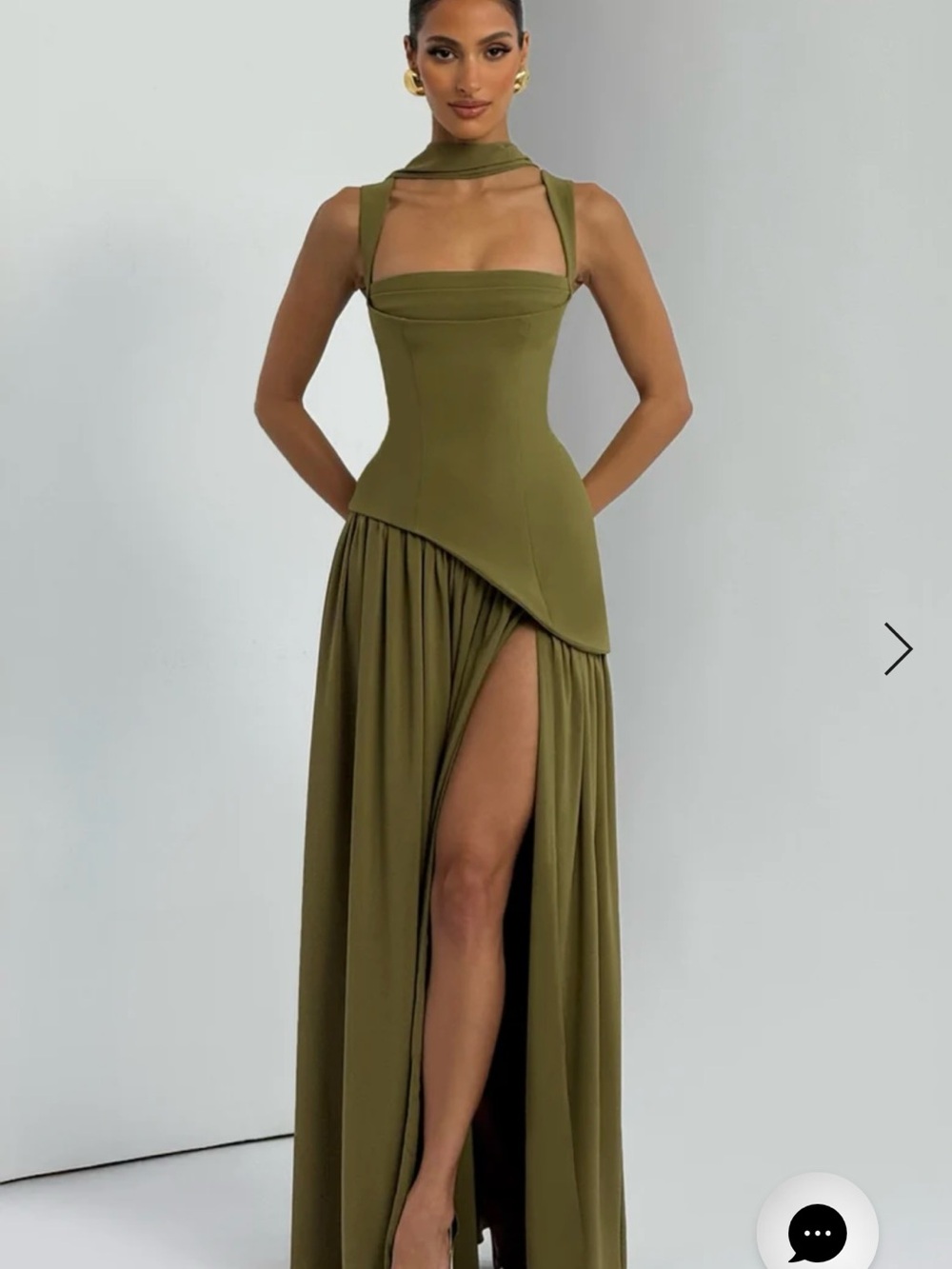 Olive Green High-Low Evening Gown with Thigh Slit